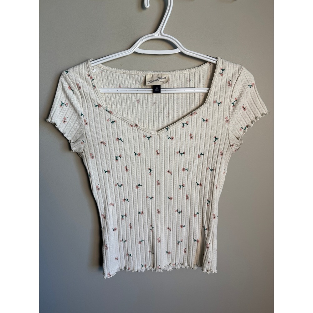 Universal Thread Womens Cream Floral Pointelle Sweetheart T-Shirt M Cottagecore